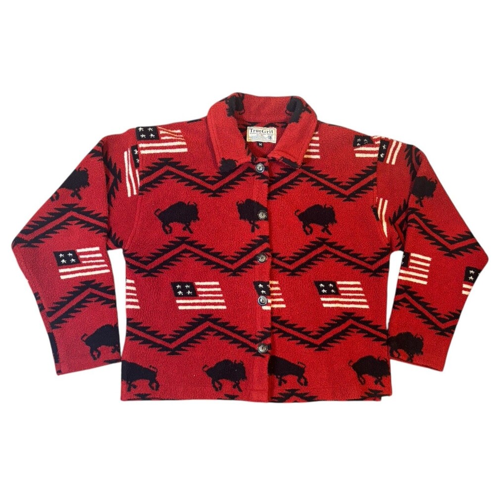 True Grit Women’s Medium Fleece Jacket Red Buffalo Flag Print Southwestern